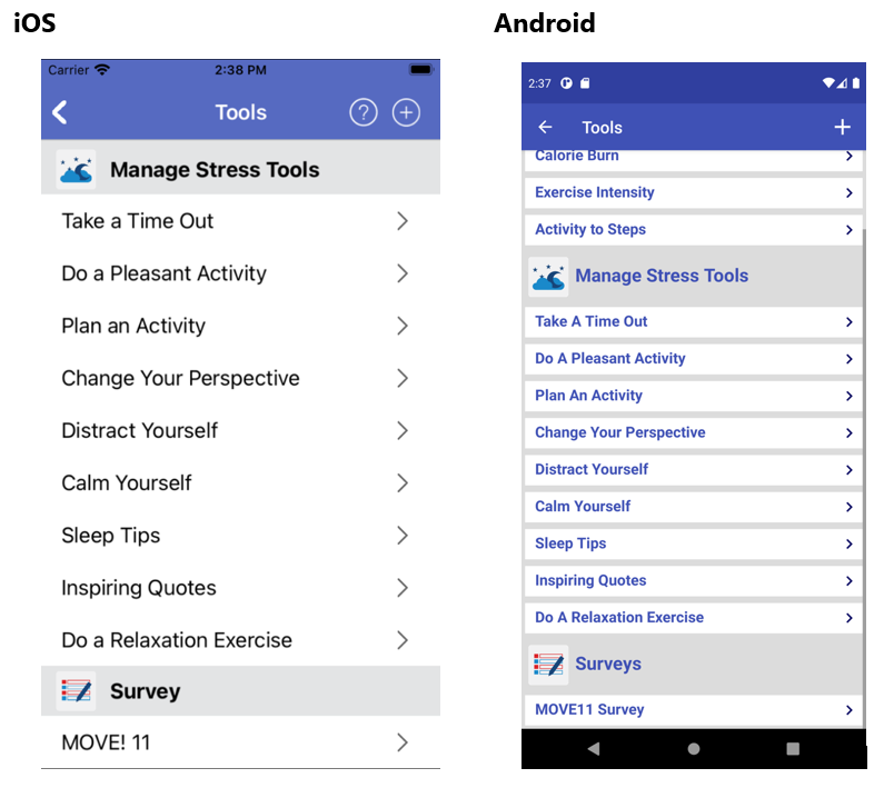 iOS and Android screenshots of Tools view